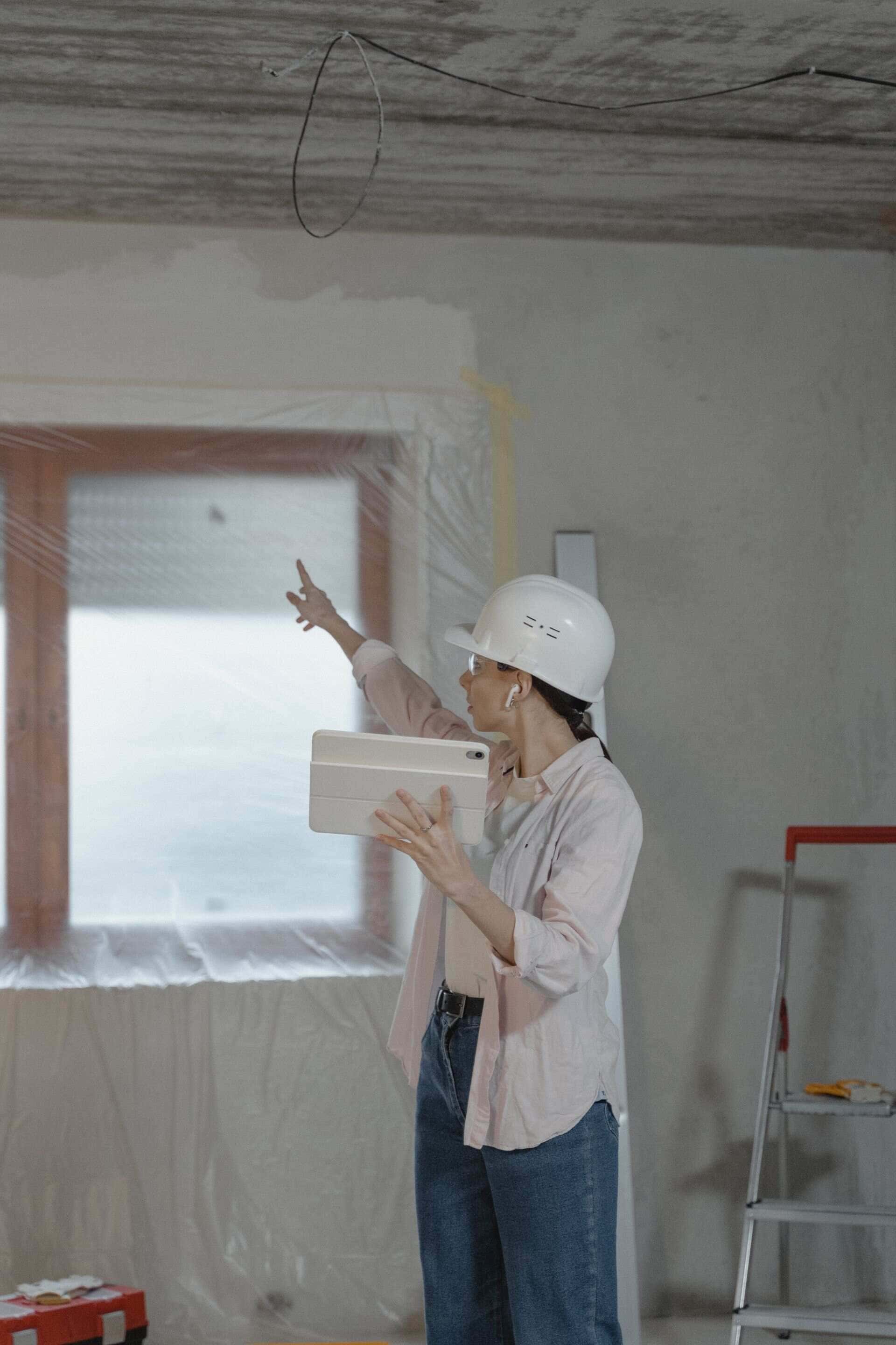 Architecte d'intérieur casquée, tablette en main, dirigeant les travaux d'une pièce en rénovation